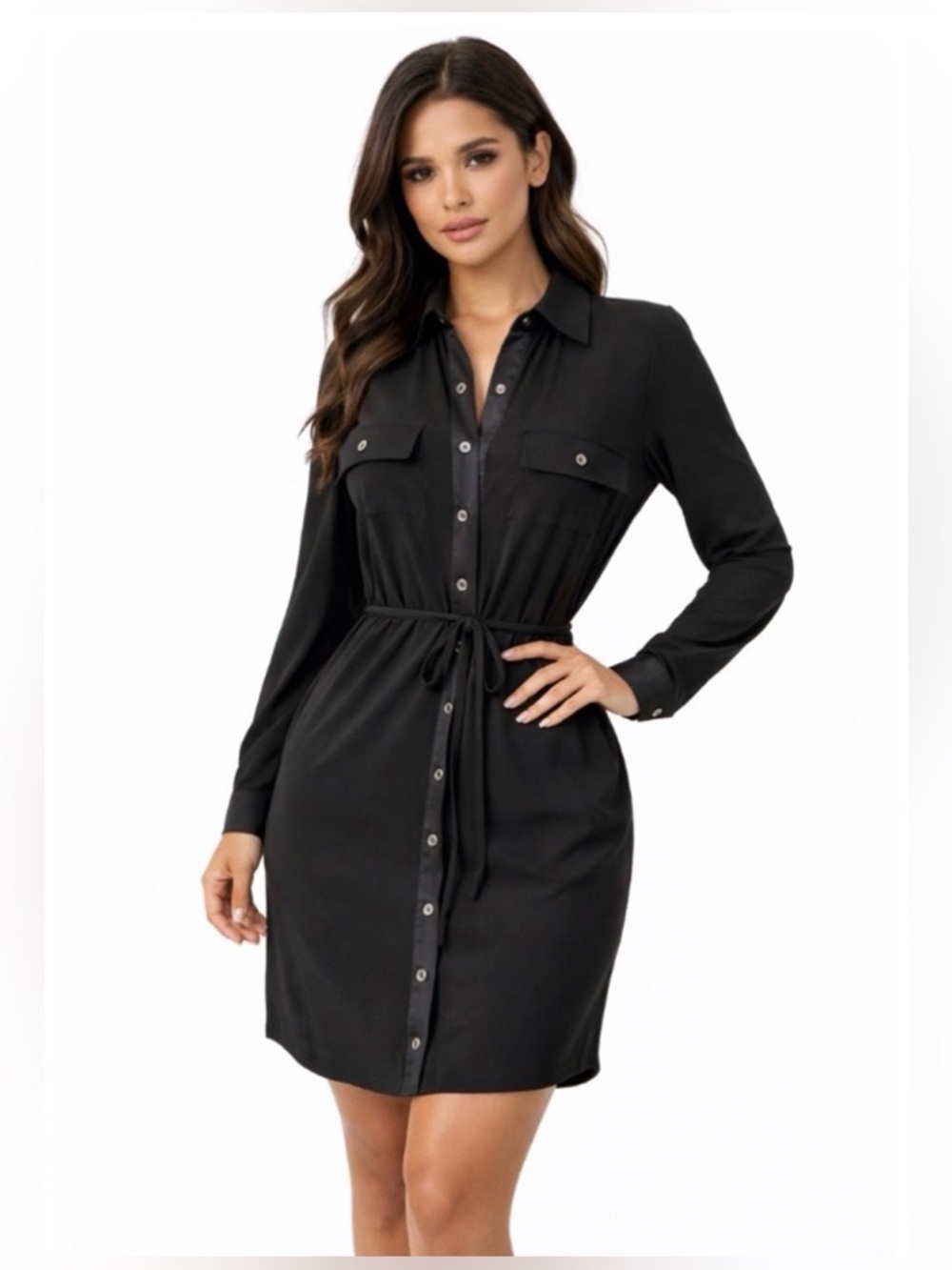 White House Black Market Black Long-Sleeve Shirt Dress with Waist Tie